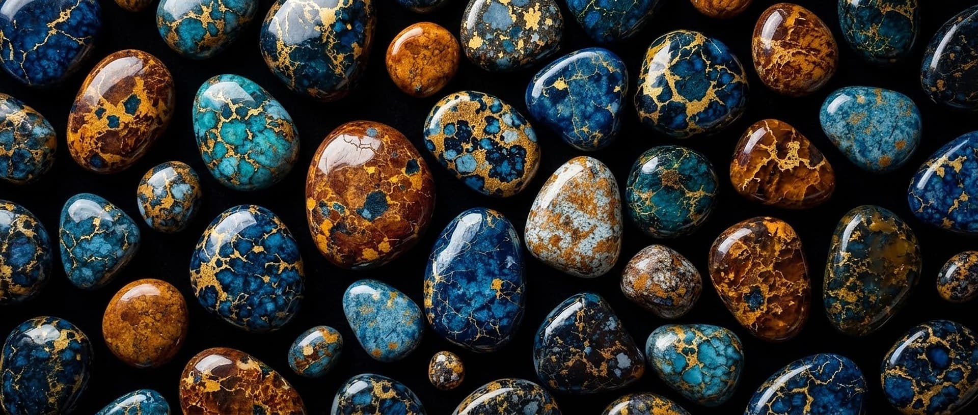 Agate burattate lucidate in blu profondo, verde acqua e ambra con venature dorate, disposte su fondo nero