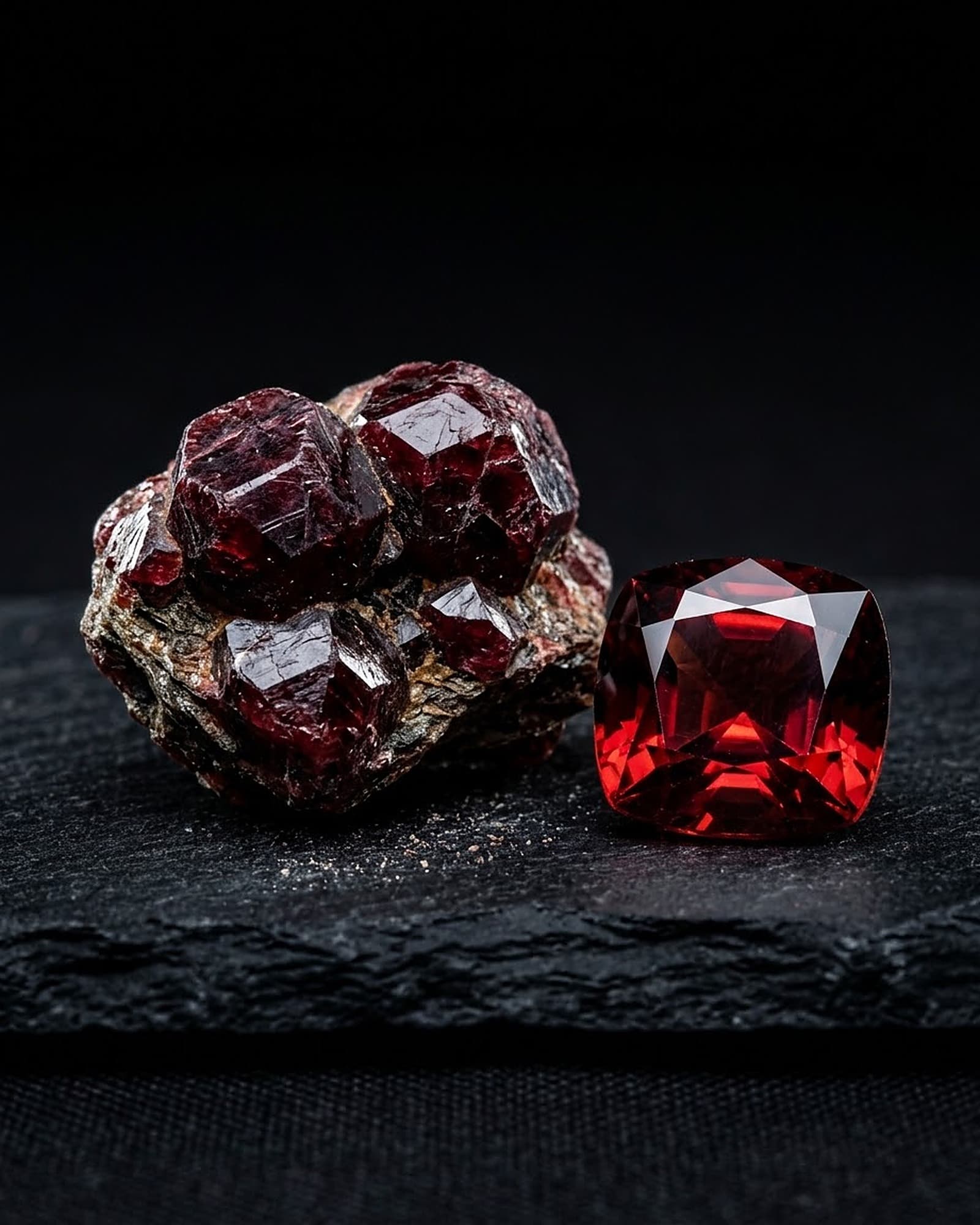 Un gruppo di cristalli di granato rosso intenso sulla matrice naturale accanto a un grande granato sfaccettato, fondo scuro