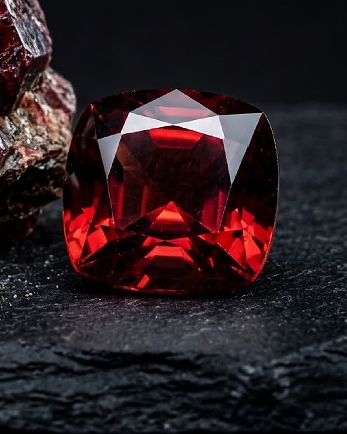 Granato rosso sfaccettato a taglio cuscino su ardesia scura, luce da studio